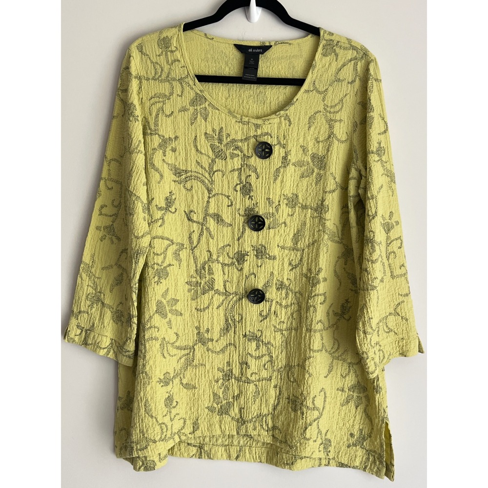 Ali Miles Women's Art to Wear Crinkle Botanical Print 3/4 Sleeve Tunic Top M